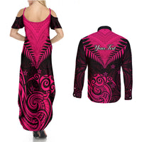 Personalised Aotearoa Couples Matching Summer Maxi Dress and Long Sleeve Button Shirts Maori Kiwi Pink Fern - Wonder Print Shop