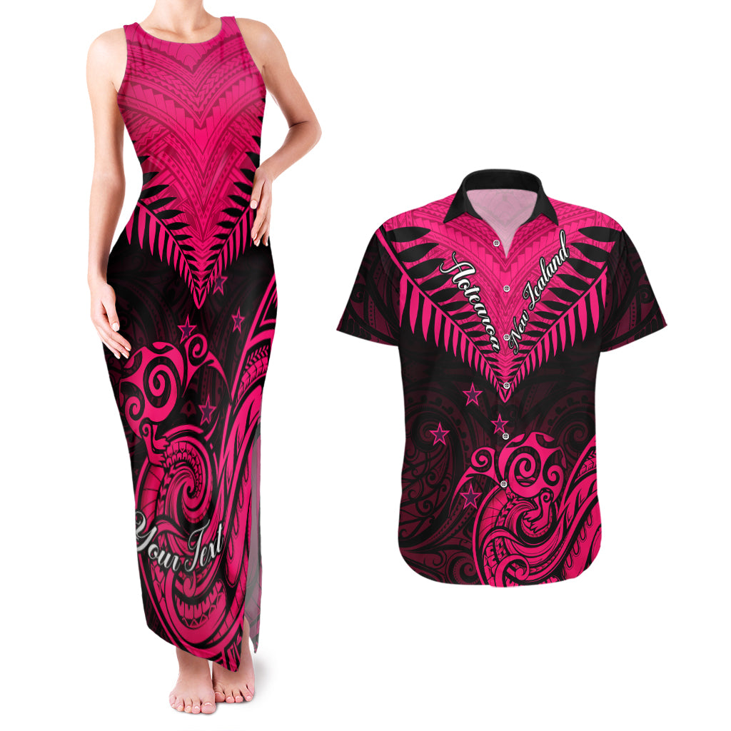 Personalised Aotearoa Couples Matching Tank Maxi Dress And Hawaiian Shirt Maori Kiwi Pink Fern - Wonder Print Shop