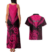 Personalised Aotearoa Couples Matching Tank Maxi Dress And Hawaiian Shirt Maori Kiwi Pink Fern - Wonder Print Shop