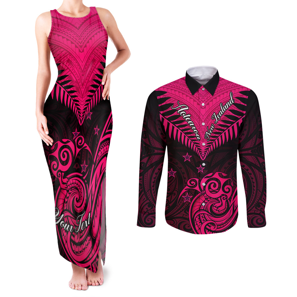 Personalised Aotearoa Couples Matching Tank Maxi Dress and Long Sleeve Button Shirts Maori Kiwi Pink Fern - Wonder Print Shop