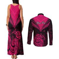 Personalised Aotearoa Couples Matching Tank Maxi Dress and Long Sleeve Button Shirts Maori Kiwi Pink Fern - Wonder Print Shop