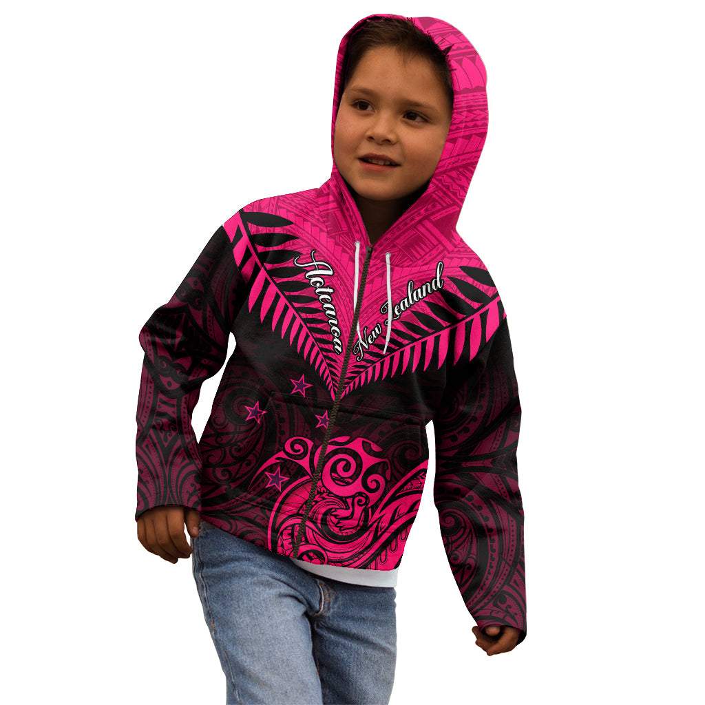 Personalised Aotearoa Kid Hoodie Maori Kiwi Pink Fern - Wonder Print Shop
