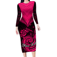 Personalised Aotearoa Long Sleeve Bodycon Dress Maori Kiwi Pink Fern - Wonder Print Shop