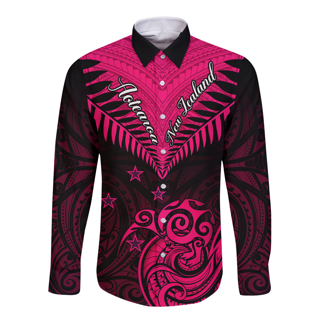 Personalised Aotearoa Long Sleeve Button Shirt Maori Kiwi Pink Fern - Wonder Print Shop