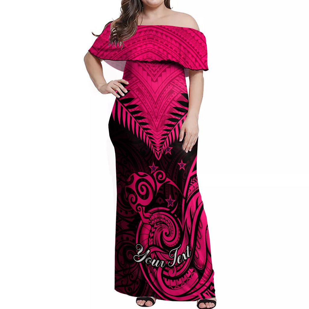 Personalised Aotearoa Off Shoulder Maxi Dress Maori Kiwi Pink Fern - Wonder Print Shop