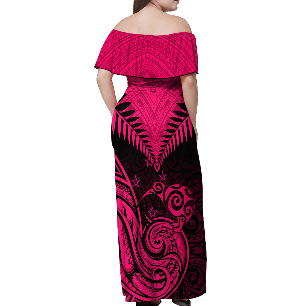 Personalised Aotearoa Off Shoulder Maxi Dress Maori Kiwi Pink Fern - Wonder Print Shop