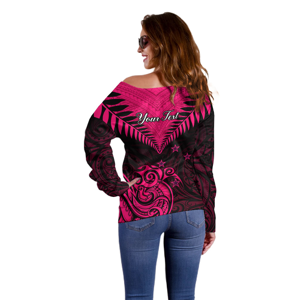 Personalised Aotearoa Off Shoulder Sweater Maori Kiwi Pink Fern - Wonder Print Shop