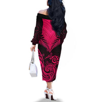 Personalised Aotearoa Off The Shoulder Long Sleeve Dress Maori Kiwi Pink Fern - Wonder Print Shop
