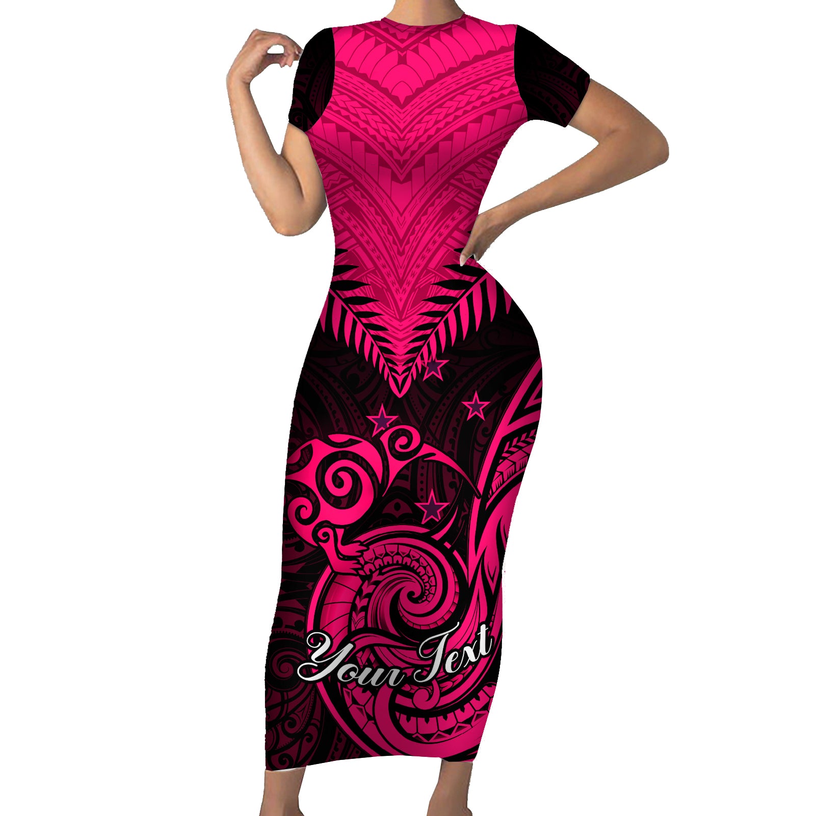 Personalised Aotearoa Short Sleeve Bodycon Dress Maori Kiwi Pink Fern - Wonder Print Shop