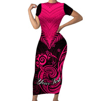 Personalised Aotearoa Short Sleeve Bodycon Dress Maori Kiwi Pink Fern - Wonder Print Shop