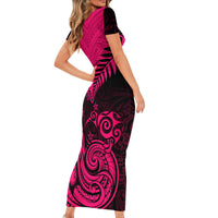 Personalised Aotearoa Short Sleeve Bodycon Dress Maori Kiwi Pink Fern - Wonder Print Shop