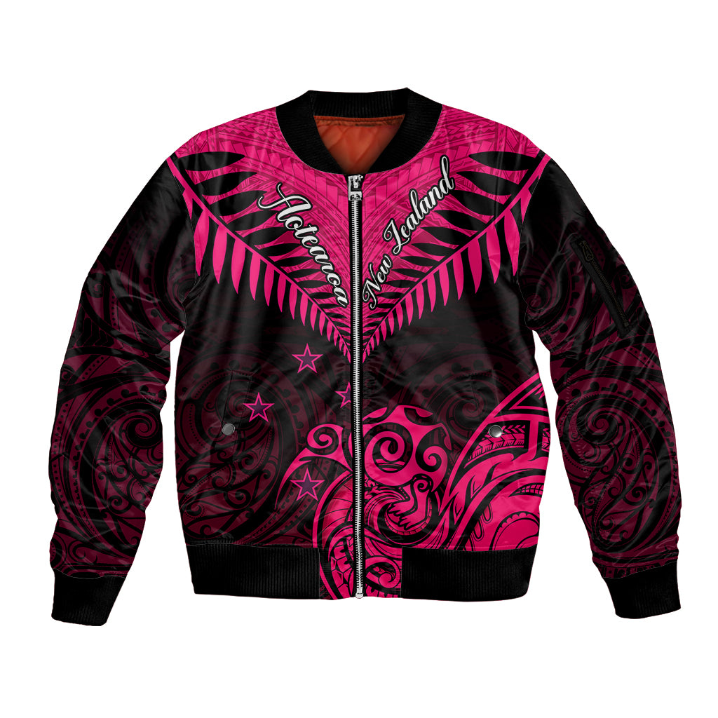 Personalised Aotearoa Sleeve Zip Bomber Jacket Maori Kiwi Pink Fern - Wonder Print Shop