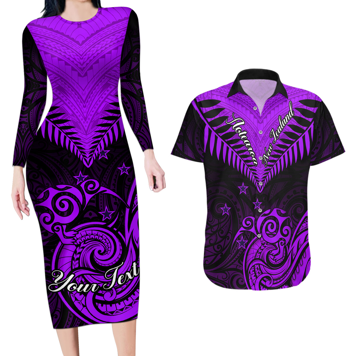 Personalised Aotearoa Couples Matching Long Sleeve Bodycon Dress and Hawaiian Shirt Maori Kiwi Purple Fern - Wonder Print Shop