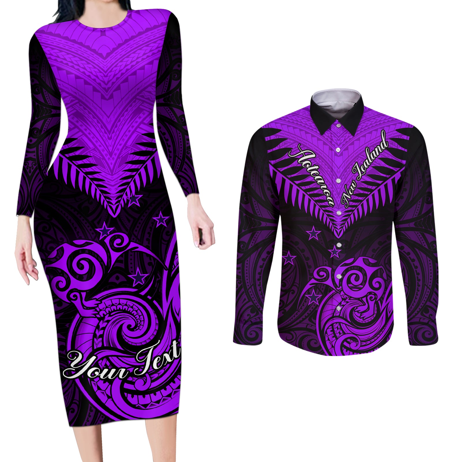 Personalised Aotearoa Couples Matching Long Sleeve Bodycon Dress and Long Sleeve Button Shirts Maori Kiwi Purple Fern - Wonder Print Shop