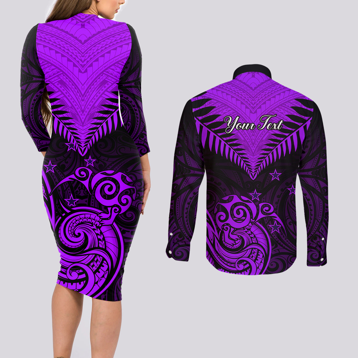 Personalised Aotearoa Couples Matching Long Sleeve Bodycon Dress and Long Sleeve Button Shirts Maori Kiwi Purple Fern - Wonder Print Shop