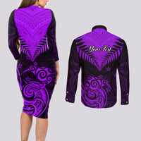 Personalised Aotearoa Couples Matching Long Sleeve Bodycon Dress and Long Sleeve Button Shirts Maori Kiwi Purple Fern - Wonder Print Shop
