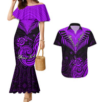 Personalised Aotearoa Couples Matching Mermaid Dress And Hawaiian Shirt Maori Kiwi Purple Fern - Wonder Print Shop