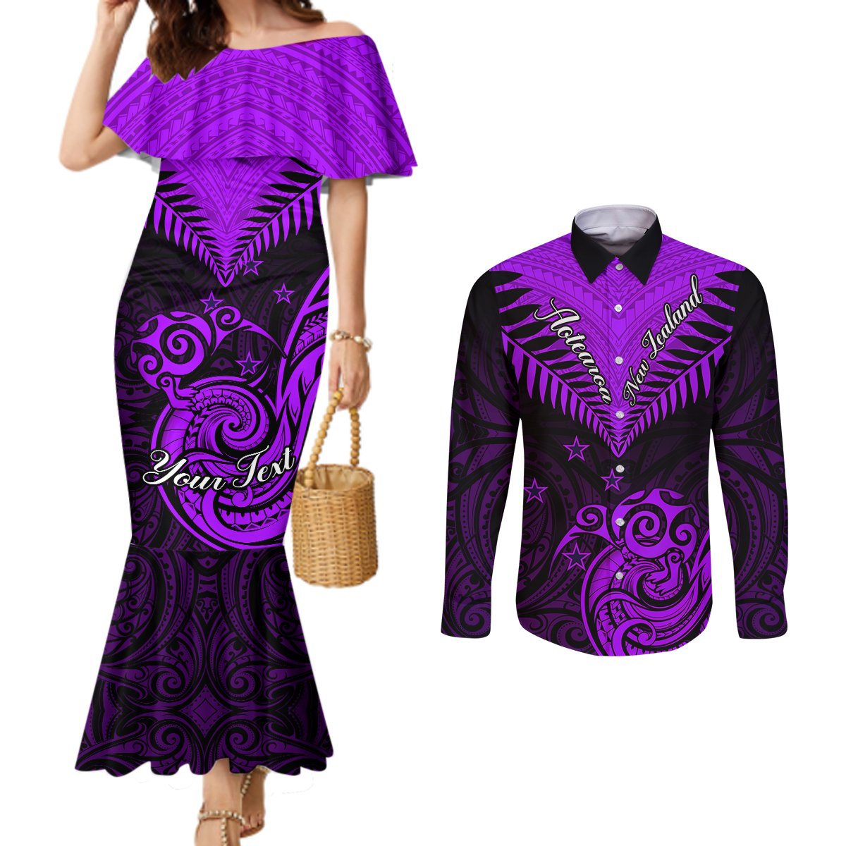 personalised-aotearoa-couples-matching-mermaid-dress-and-long-sleeve-button-shirts-maori-kiwi-purple-fern