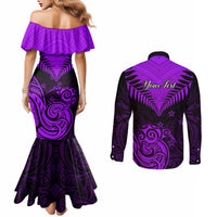 personalised-aotearoa-couples-matching-mermaid-dress-and-long-sleeve-button-shirts-maori-kiwi-purple-fern