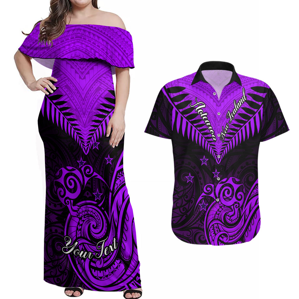 Personalised Aotearoa Couples Matching Off Shoulder Maxi Dress and Hawaiian Shirt Maori Kiwi Purple Fern - Wonder Print Shop