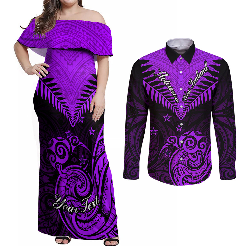 Personalised Aotearoa Couples Matching Off Shoulder Maxi Dress and Long Sleeve Button Shirts Maori Kiwi Purple Fern - Wonder Print Shop