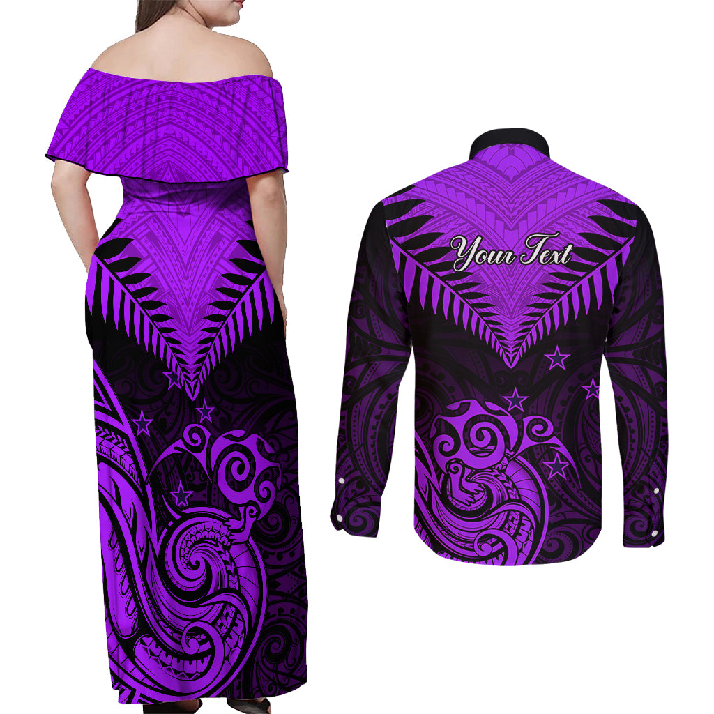 Personalised Aotearoa Couples Matching Off Shoulder Maxi Dress and Long Sleeve Button Shirts Maori Kiwi Purple Fern - Wonder Print Shop