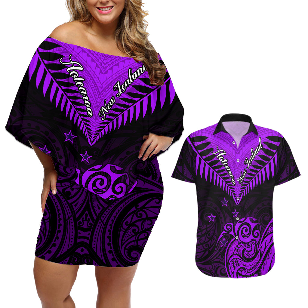 Personalised Aotearoa Couples Matching Off Shoulder Short Dress and Hawaiian Shirt Maori Kiwi Purple Fern - Wonder Print Shop