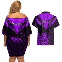 Personalised Aotearoa Couples Matching Off Shoulder Short Dress and Hawaiian Shirt Maori Kiwi Purple Fern - Wonder Print Shop