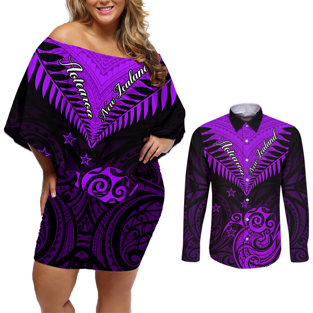 Personalised Aotearoa Couples Matching Off Shoulder Short Dress and Long Sleeve Button Shirts Maori Kiwi Purple Fern - Wonder Print Shop