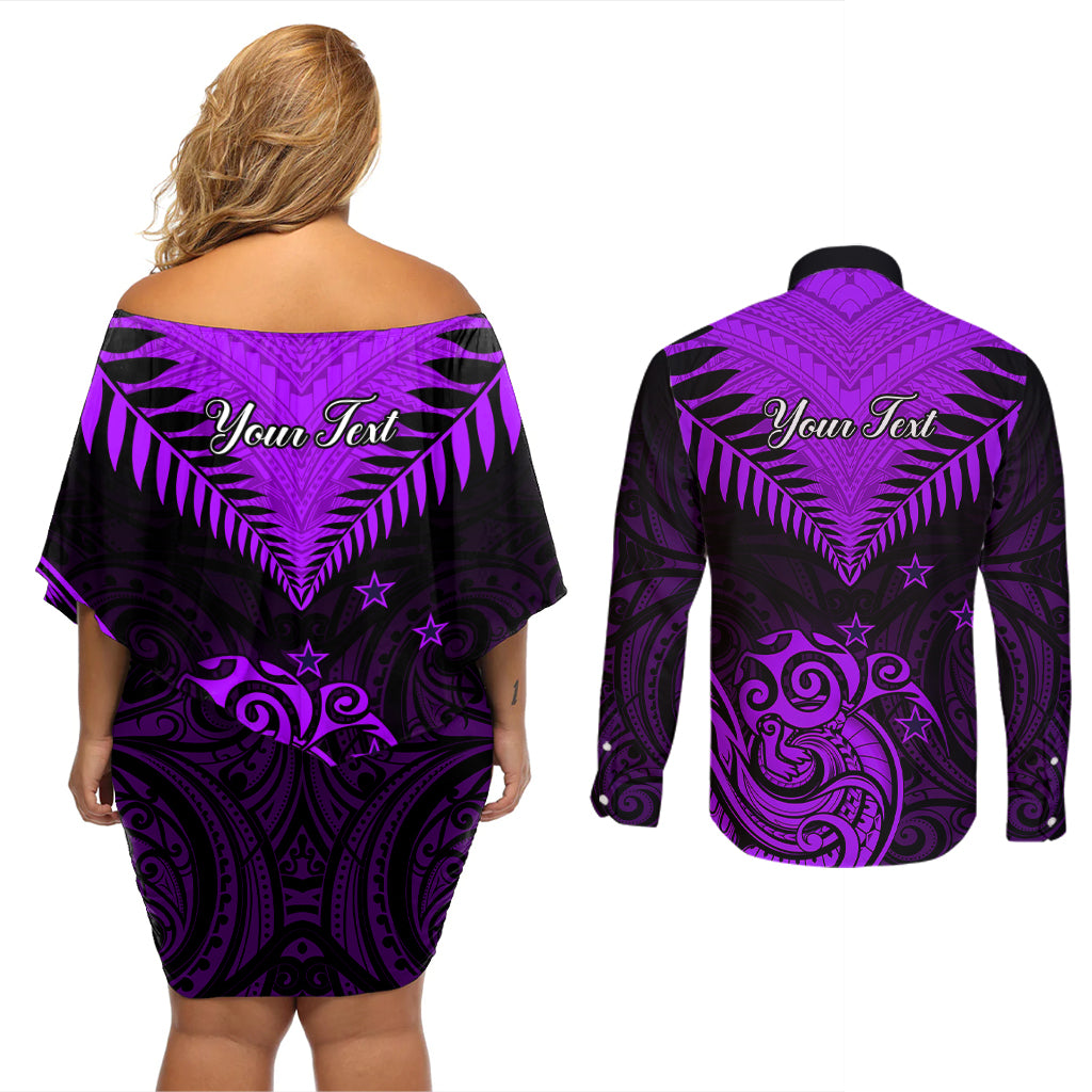 Personalised Aotearoa Couples Matching Off Shoulder Short Dress and Long Sleeve Button Shirts Maori Kiwi Purple Fern - Wonder Print Shop