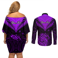 Personalised Aotearoa Couples Matching Off Shoulder Short Dress and Long Sleeve Button Shirts Maori Kiwi Purple Fern - Wonder Print Shop