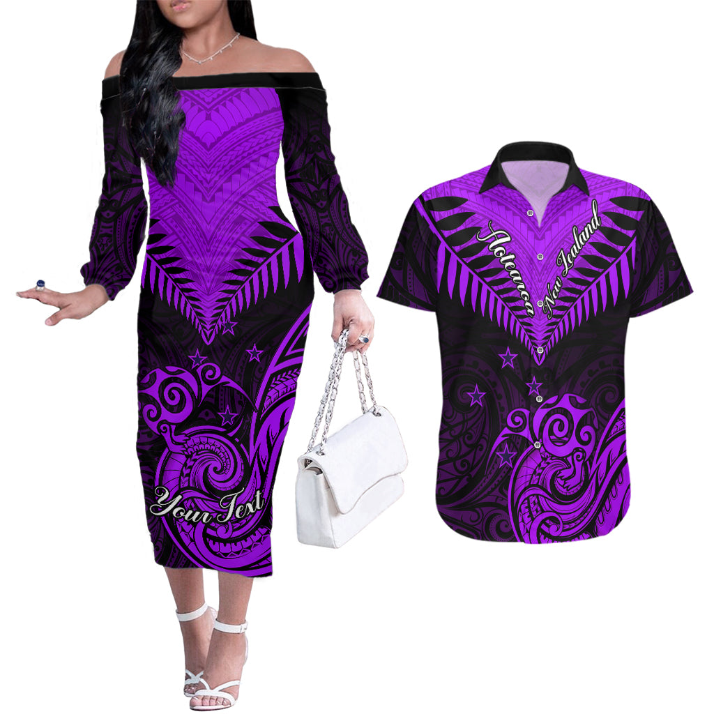 Personalised Aotearoa Couples Matching Off The Shoulder Long Sleeve Dress and Hawaiian Shirt Maori Kiwi Purple Fern - Wonder Print Shop
