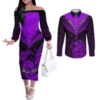 personalised-aotearoa-couples-matching-off-the-shoulder-long-sleeve-dress-and-long-sleeve-button-shirts-maori-kiwi-purple-fern