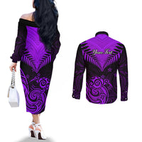 personalised-aotearoa-couples-matching-off-the-shoulder-long-sleeve-dress-and-long-sleeve-button-shirts-maori-kiwi-purple-fern