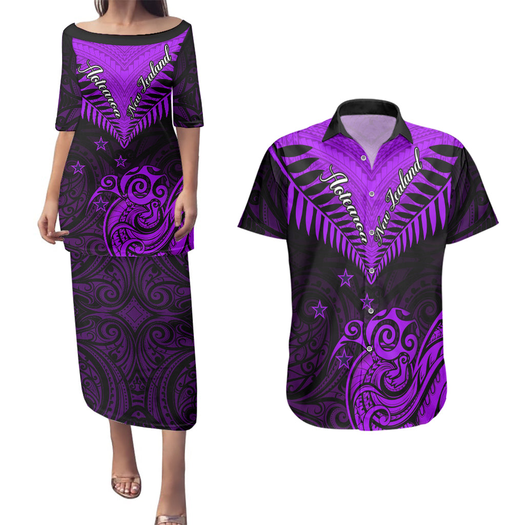 Personalised Aotearoa Couples Matching Puletasi Dress and Hawaiian Shirt Maori Kiwi Purple Fern - Wonder Print Shop