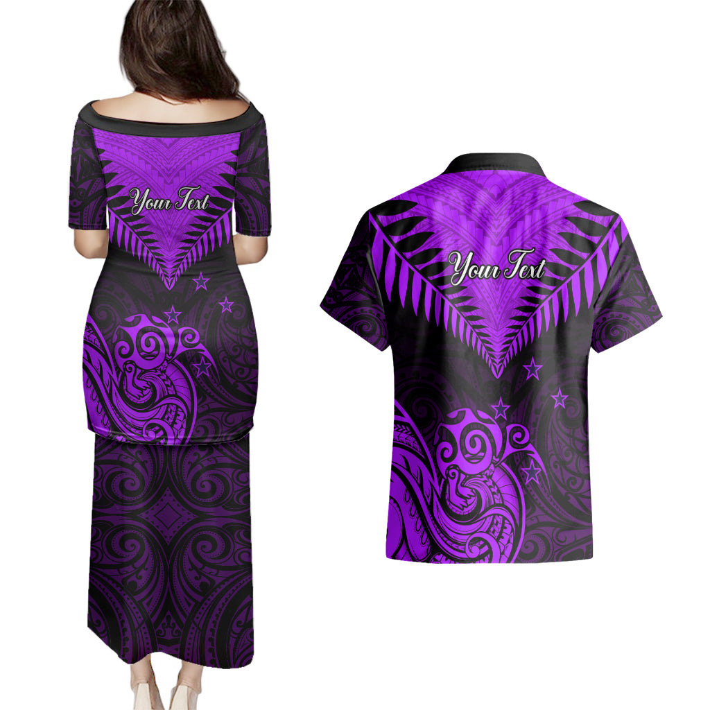 Personalised Aotearoa Couples Matching Puletasi Dress and Hawaiian Shirt Maori Kiwi Purple Fern - Wonder Print Shop