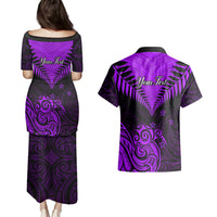 Personalised Aotearoa Couples Matching Puletasi Dress and Hawaiian Shirt Maori Kiwi Purple Fern - Wonder Print Shop