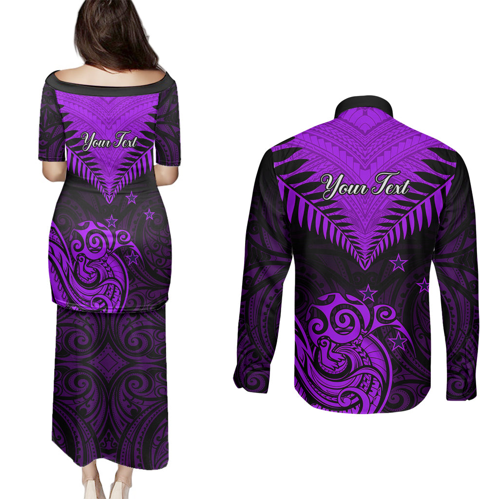 Personalised Aotearoa Couples Matching Puletasi Dress and Long Sleeve Button Shirts Maori Kiwi Purple Fern - Wonder Print Shop