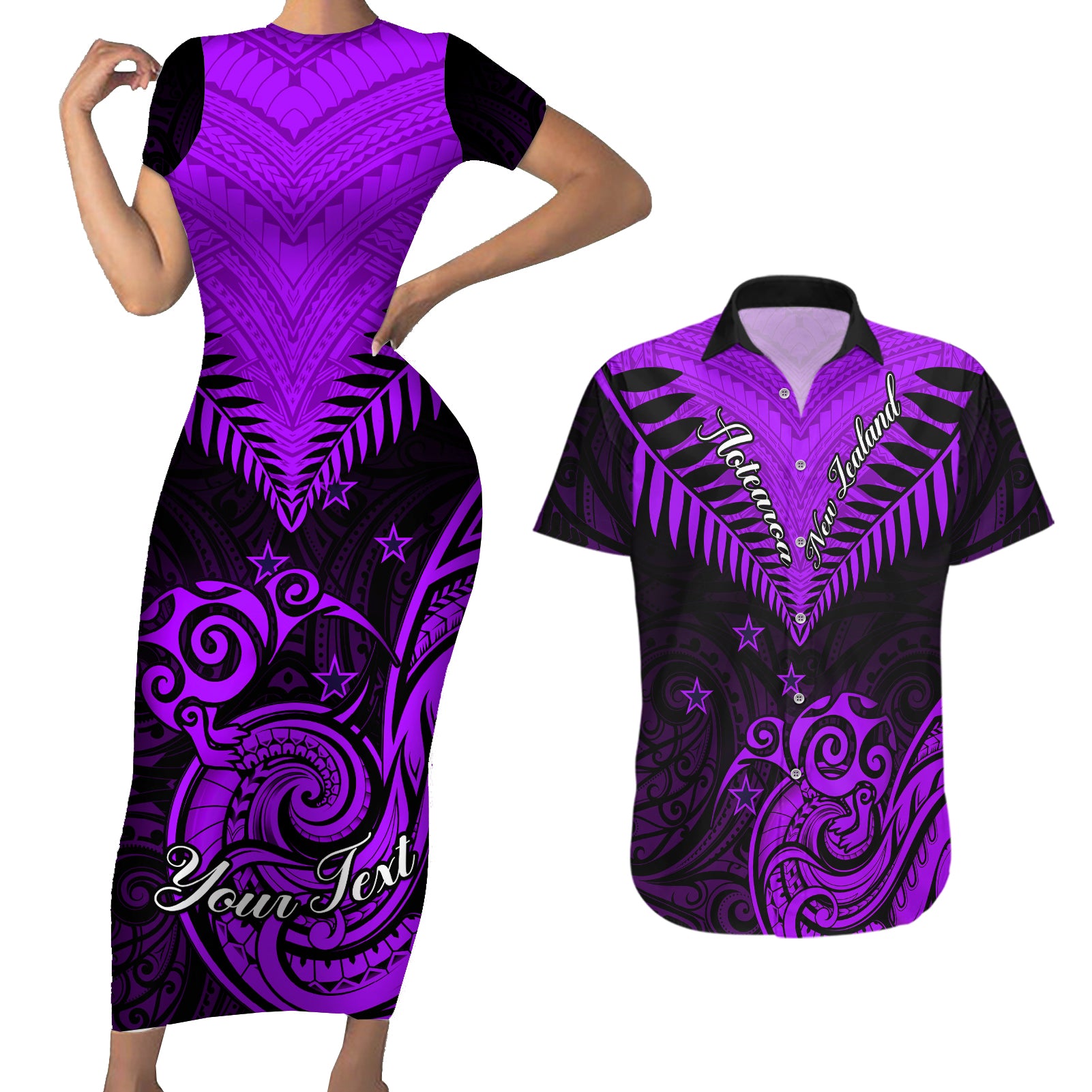 Personalised Aotearoa Couples Matching Short Sleeve Bodycon Dress and Hawaiian Shirt Maori Kiwi Purple Fern - Wonder Print Shop