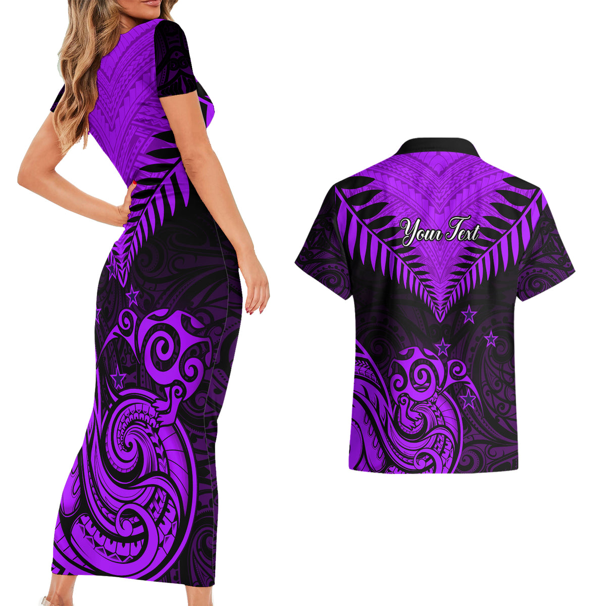 Personalised Aotearoa Couples Matching Short Sleeve Bodycon Dress and Hawaiian Shirt Maori Kiwi Purple Fern - Wonder Print Shop