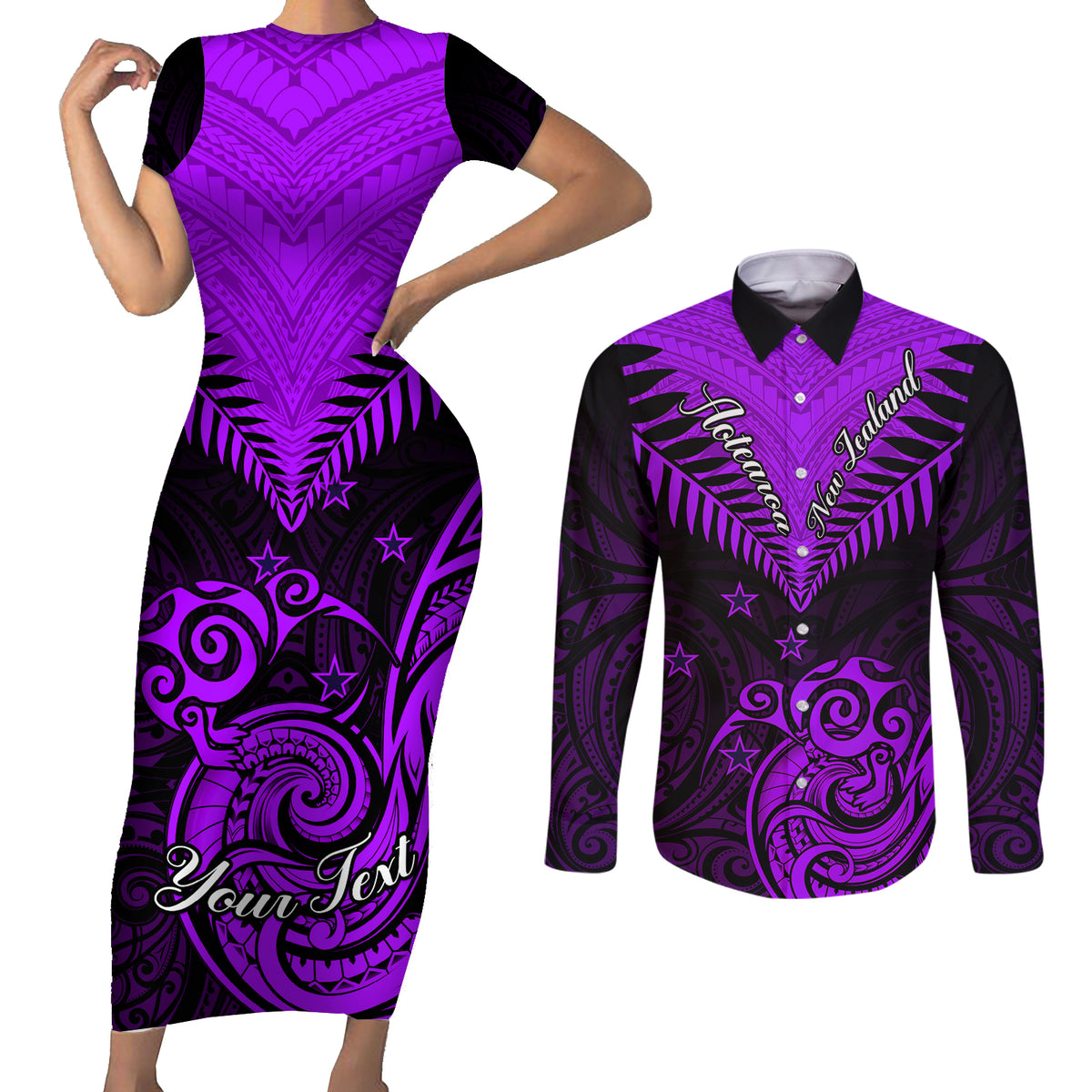 Personalised Aotearoa Couples Matching Short Sleeve Bodycon Dress and Long Sleeve Button Shirts Maori Kiwi Purple Fern - Wonder Print Shop