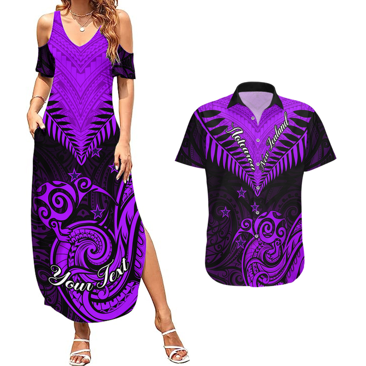 Personalised Aotearoa Couples Matching Summer Maxi Dress and Hawaiian Shirt Maori Kiwi Purple Fern - Wonder Print Shop