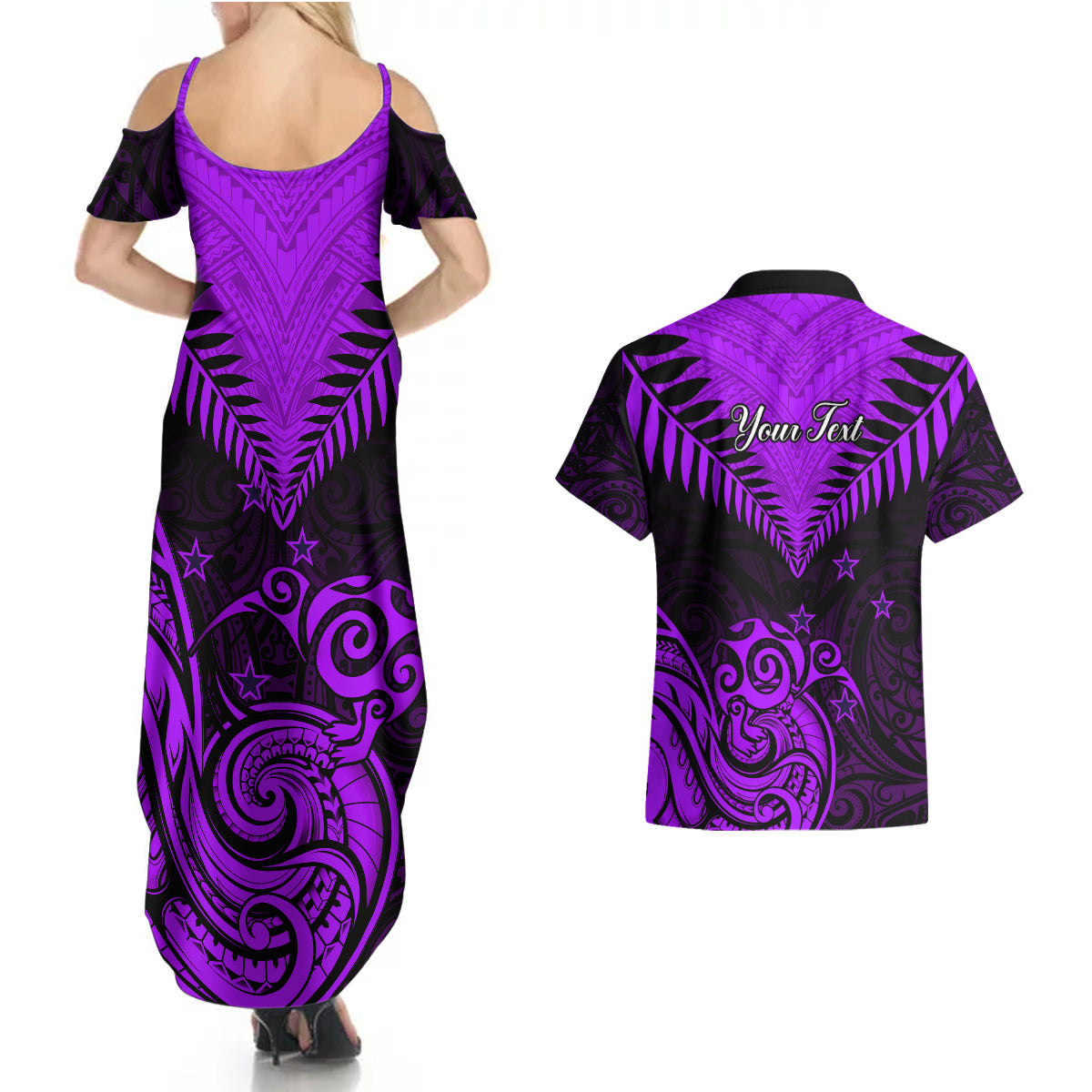 Personalised Aotearoa Couples Matching Summer Maxi Dress and Hawaiian Shirt Maori Kiwi Purple Fern - Wonder Print Shop