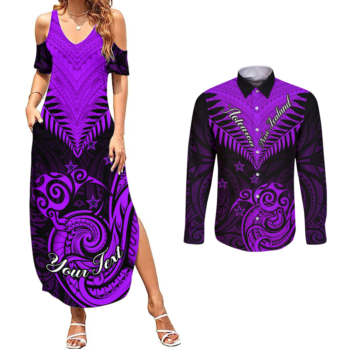 Personalised Aotearoa Couples Matching Summer Maxi Dress and Long Sleeve Button Shirts Maori Kiwi Purple Fern - Wonder Print Shop