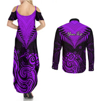 Personalised Aotearoa Couples Matching Summer Maxi Dress and Long Sleeve Button Shirts Maori Kiwi Purple Fern - Wonder Print Shop