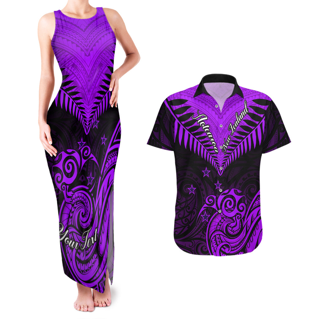 Personalised Aotearoa Couples Matching Tank Maxi Dress And Hawaiian Shirt Maori Kiwi Purple Fern - Wonder Print Shop