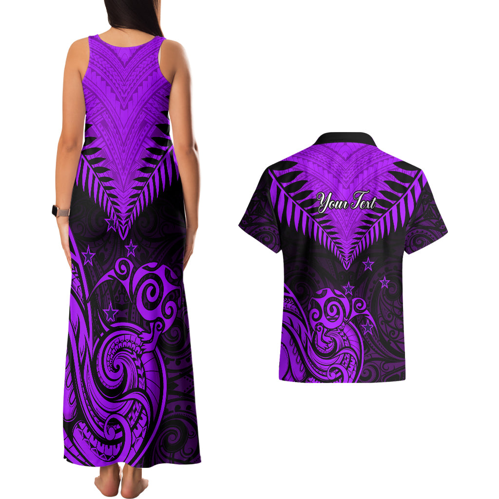 Personalised Aotearoa Couples Matching Tank Maxi Dress And Hawaiian Shirt Maori Kiwi Purple Fern - Wonder Print Shop
