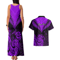 Personalised Aotearoa Couples Matching Tank Maxi Dress And Hawaiian Shirt Maori Kiwi Purple Fern - Wonder Print Shop