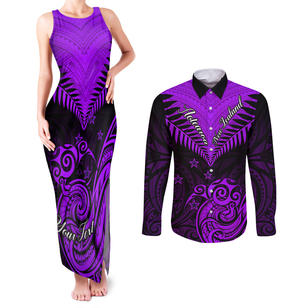 Personalised Aotearoa Couples Matching Tank Maxi Dress and Long Sleeve Button Shirts Maori Kiwi Purple Fern - Wonder Print Shop