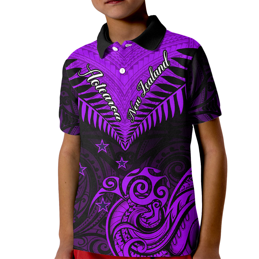 Personalised Aotearoa Kid Polo Shirt Maori Kiwi Purple Fern - Wonder Print Shop